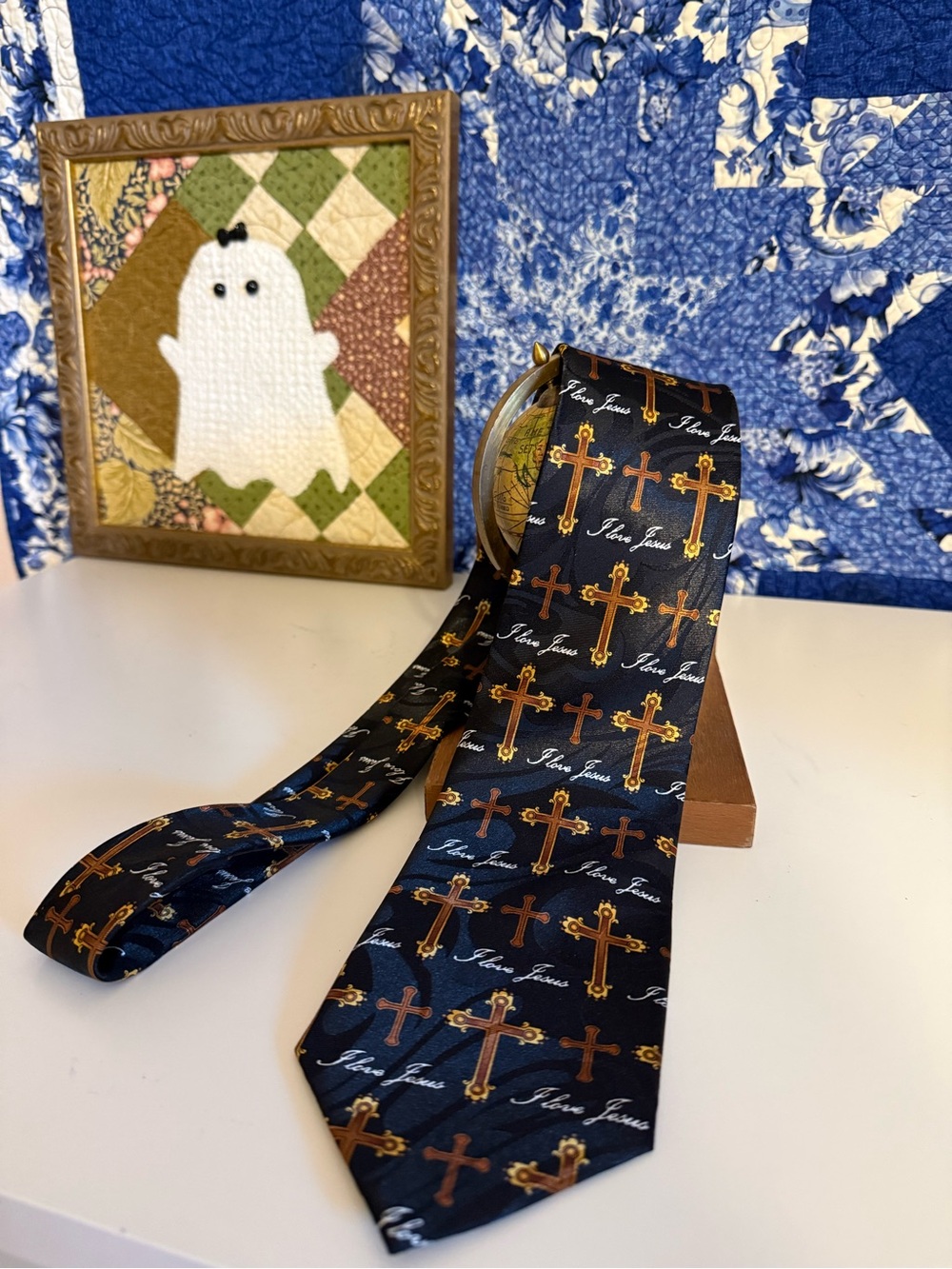 Religious Mens Black Tie with Gold Cross Motif